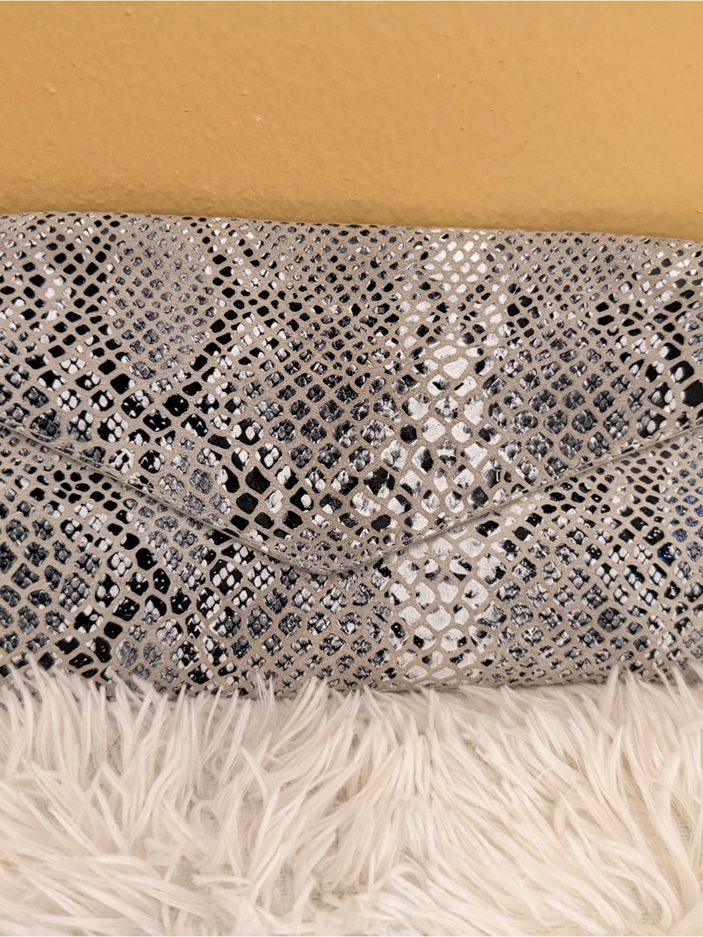 Silver Snake-Pattern Envelope Clutch